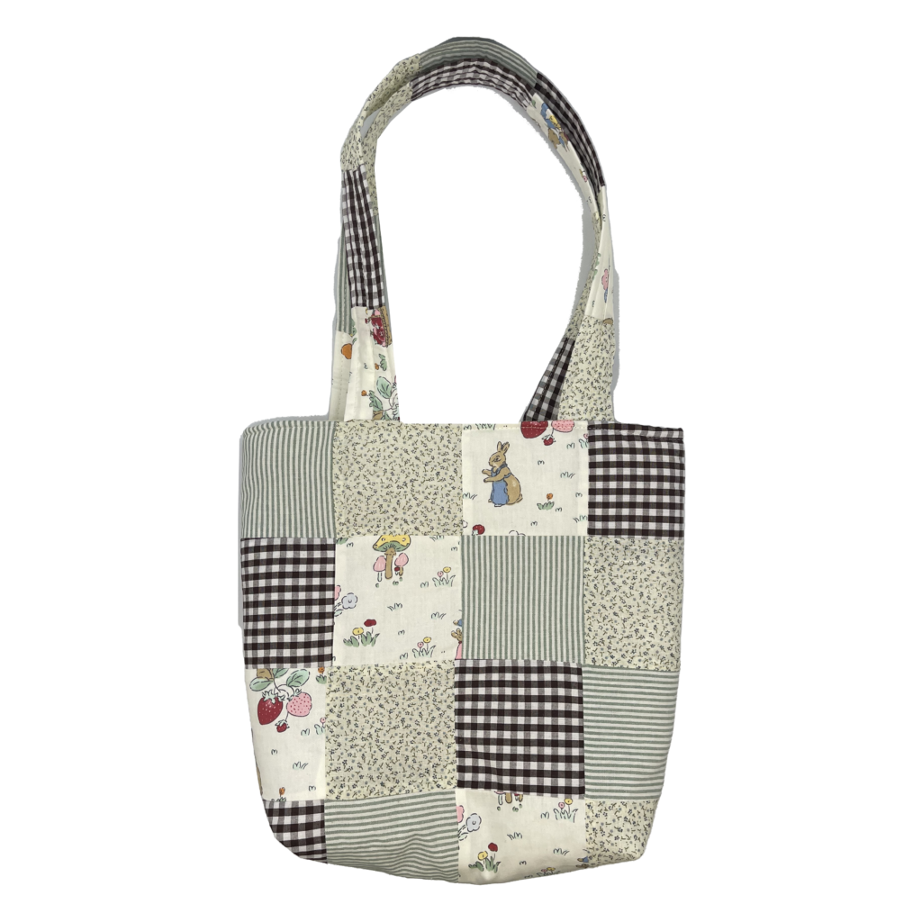 bunnies and mushrooms patchwork tote bag