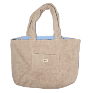 beige blue towel beach bag