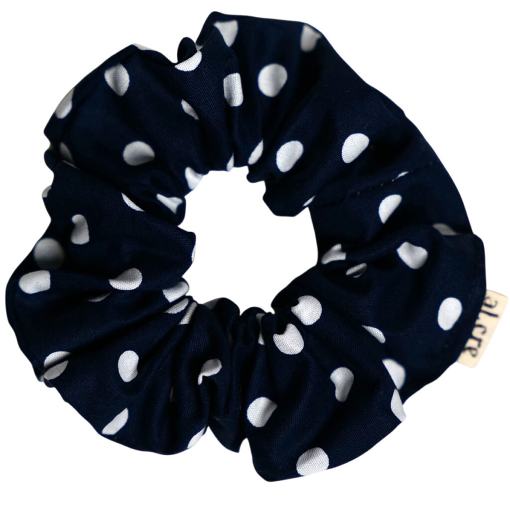 navy polka dots scrunchie